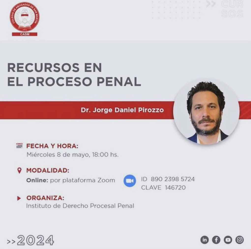 Recursos en el Proceso Penal
📅 Mañana 8/5 18.00 hs. 
🖥️ Modalidad virtual 
🗣️ Daniel Pirozzo <a href="/jdanielpirozzo/">J Daniel Pirozzo</a> 
#derechopenal #procesalpenal #recursos