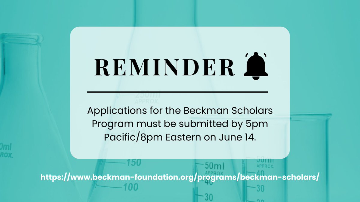 📣REMINDER: Applications for the Beckman Scholars Program must be submitted by 5pm Pacific/8pm Eastern on June 14. #BSP #beckmanscholars #undergraduateresearch #institutionalaward #grants #support #funding #beckman #science #philanthropy #updates #deadlines #june