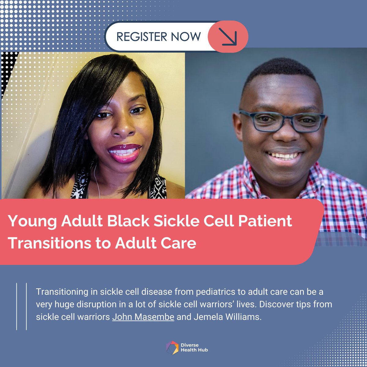 How does race and support impact the #sicklecell pediatric to adult transition? In our #DiagnosticsDecoded 🎥 on 5/9, hear from Warriors John Masembe & Jemela Williams as they share personal experiences and tips on managing this critical change. Register: bit.ly/4a98eNh