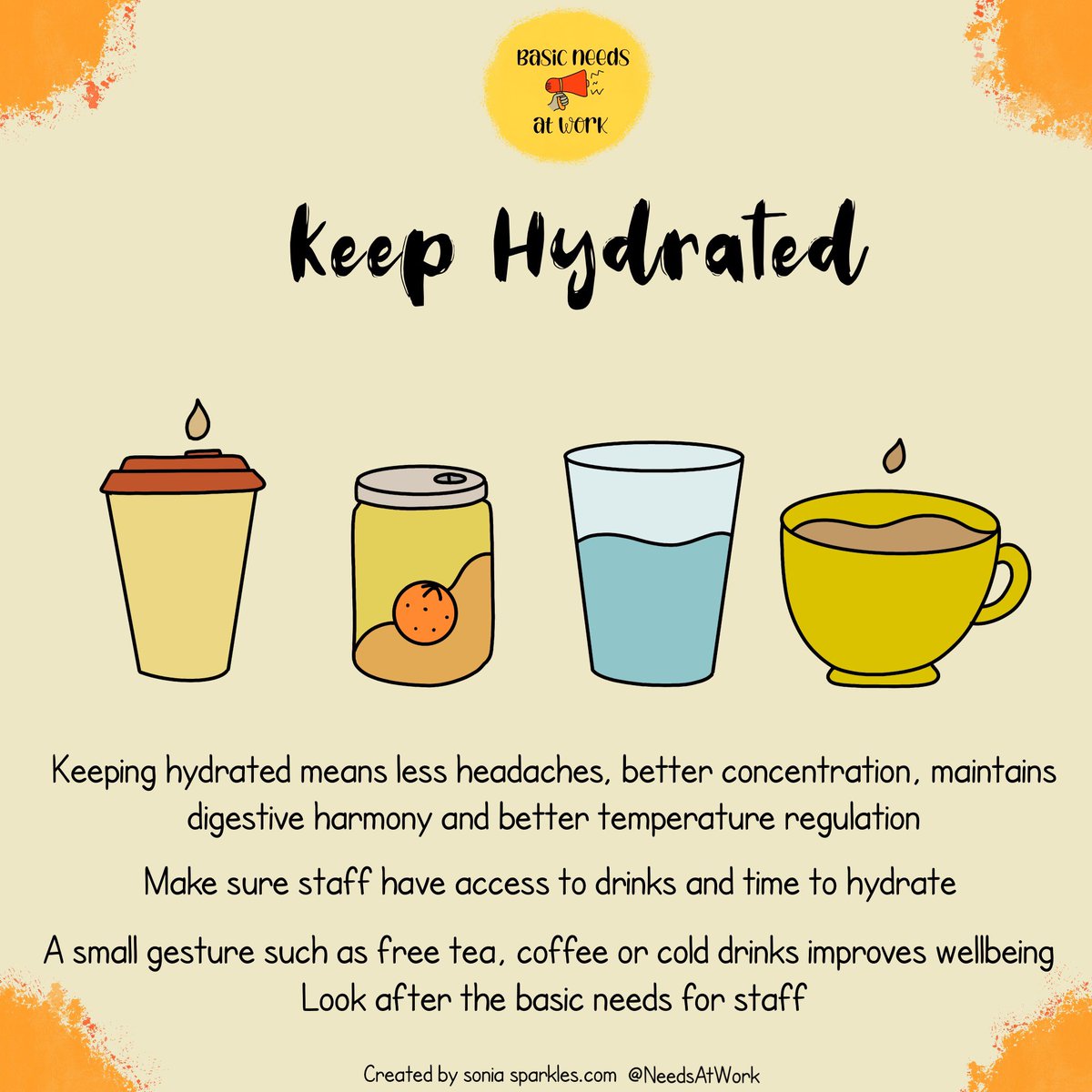 It is an obvious thing but often gets overlooked Keeping hydrated & making it a priority is vital Going further to supply it for free shows how much you care about their needs (Especially for rotating staff who can’t keep bringing tea/coffee/milk everywhere) @NeedsAtWork ☕️