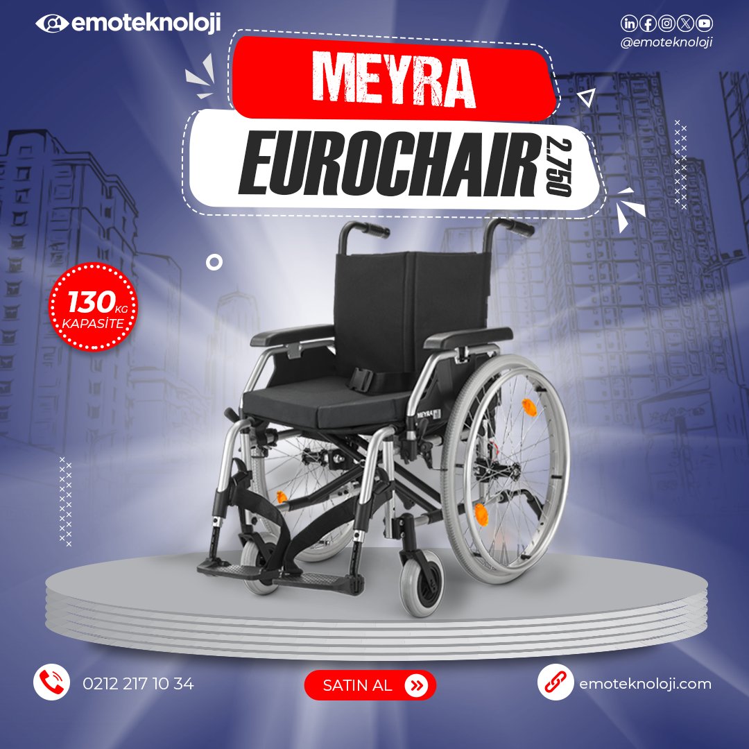 Meyra Eurochair 2.750 Manuel Tekerlekli Sandalye, hem iç hem dış mekan kullanımına uygundur. Alüminyum gövde yapısına sahip ve son derece dayanıklı bir modeldir.🦽 Teknik Özellikler 🛞 Alüminyum gövde yapısı 🛞 15 kg toplam ağırlık, 130 kg taşıma kapasitesi 🛞 Ergonomik oturma