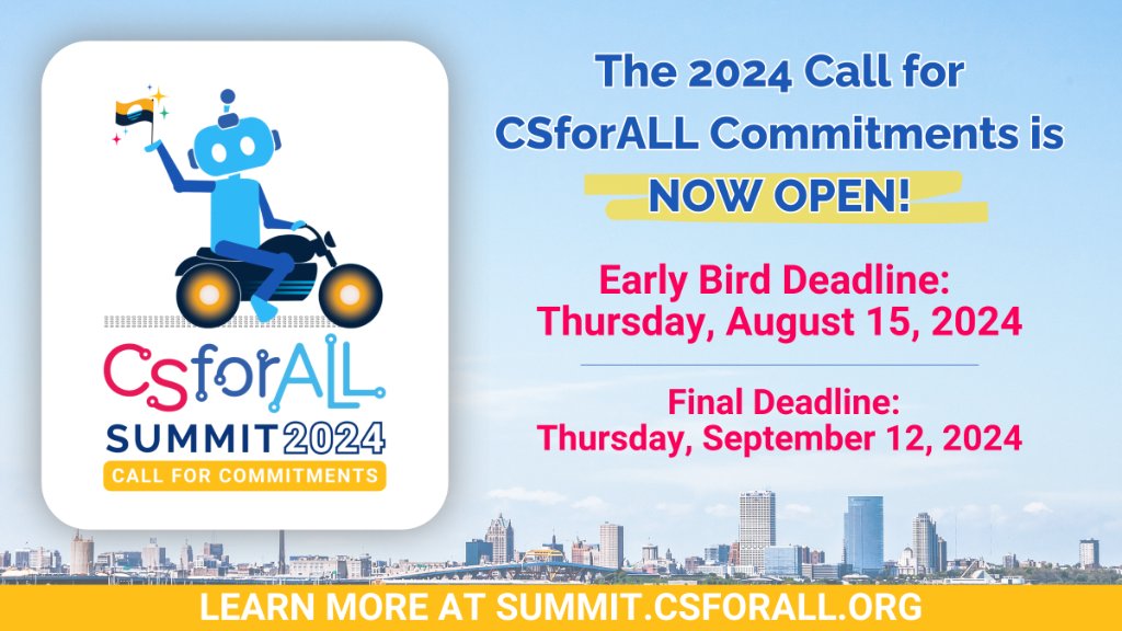 🎉 The 2024 Call for #CSforALL Commitments is NOW OPEN! For the eighth year, #CSforALL opens its Call for Commitments for stakeholders to drive action and grow the computer science for all movement. Learn about the 2024 Call for Commitments: csforall.medium.com/turn-action-in…