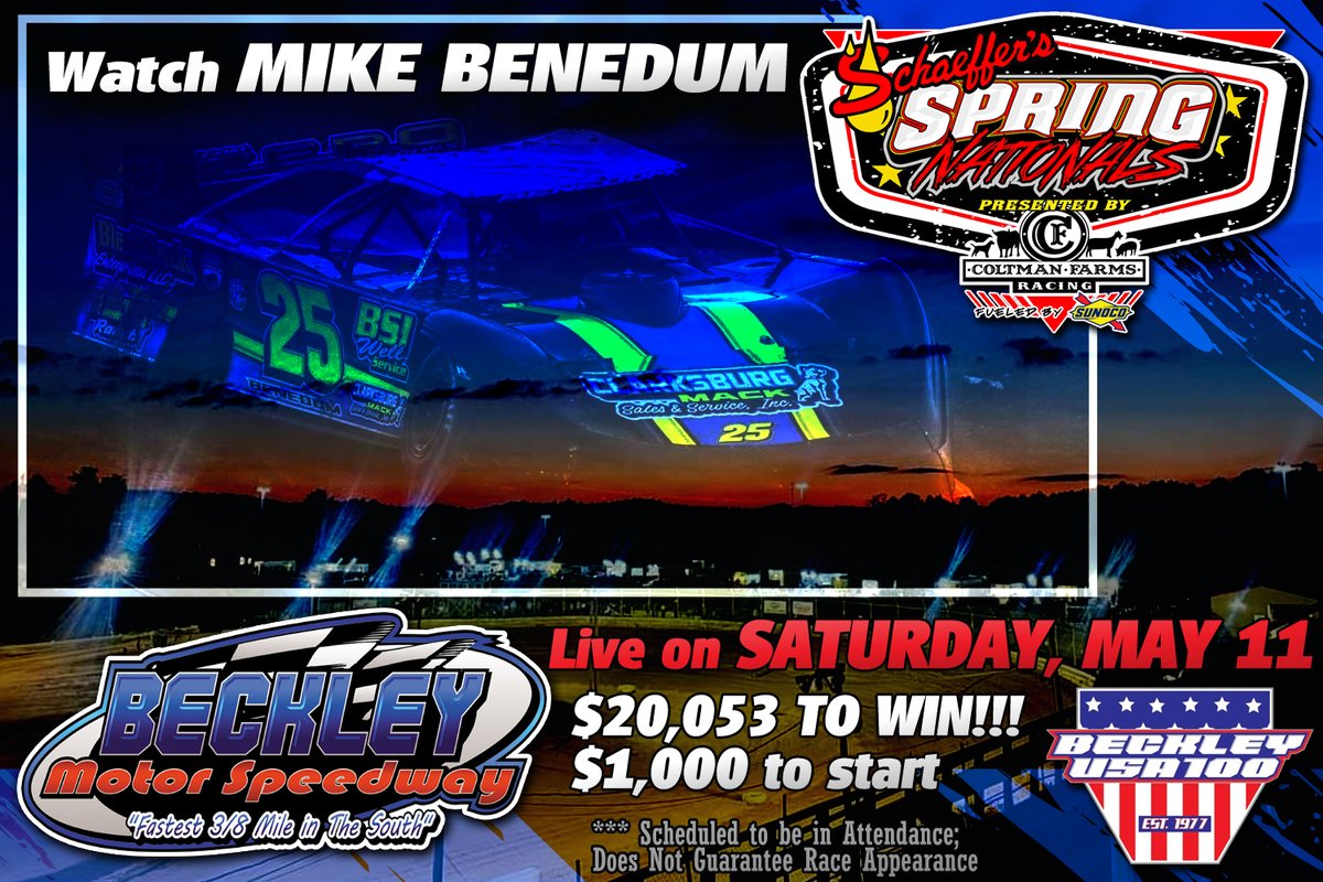 Watch @mike_benedum25 vie for the $20,053 top prize with the @SchaefferOil #SpringNationals in the annual Beckley USA 100 on Saturday, May 11 at Beckley Motor Speedway! If you are unable to make the trip to Mount Hope, West Virginia, watch every lap LIVE on @FloRacing. 🏁