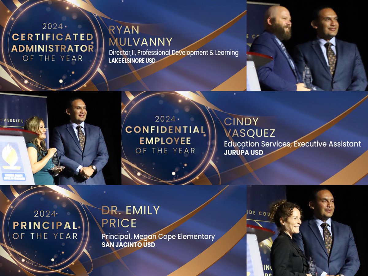 RCOE's tweet image. Congrats #CelebratingEducators Certificated Administrator - Ryan Mulvanny Dir. Professional Development &amp;amp; Learning @LakeElsinoreUSD, Confidential Employee - Cindy Vasquez Executive Assist @JurupaUSD, Principal of the Year - Emily Price, Ed.D. Megan Cope Elementary @SanJacintoUSD.