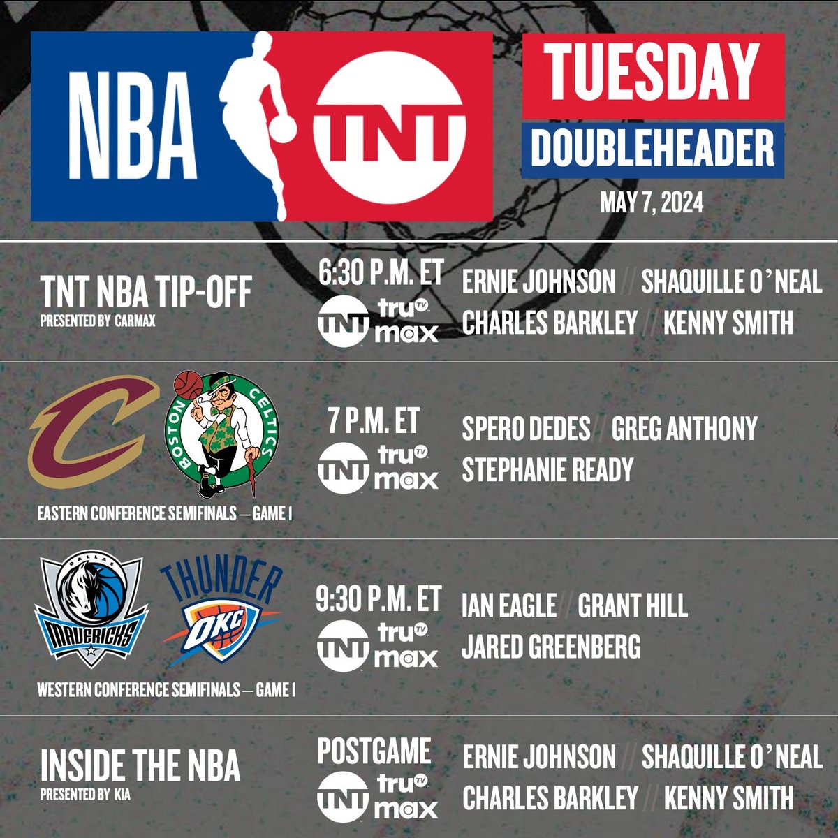 TNT’s coverage of the #NBAPlayoffs continues TONIGHT with a pair of Second Round Game 1 matchups! 🏀 📺 6:30 PM ET | @NBAonTNT + @SportsonMax