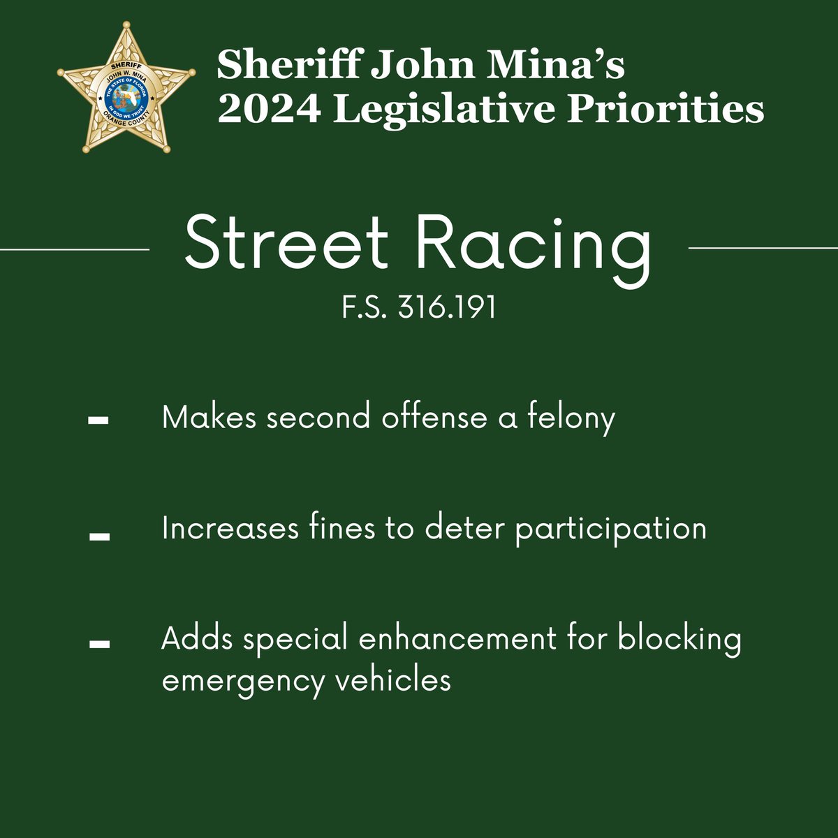 We are thrilled that this street racing bill has been signed into law! #StreetRacing is a dangerous problem in Orange County and across the state, which is why one of @SheriffMina’s 2024 Legislative priorities was to beef up Florida law to make a second offense a felony & add…