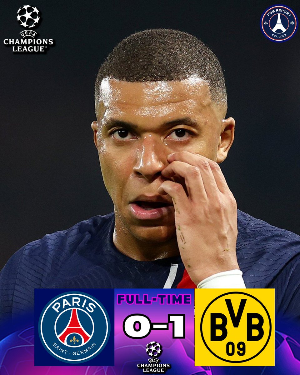 🔴🔵 | 𝐅𝐔𝐋𝐋 𝐓𝐈𝐌𝐄: PSG 0-1 Borussia Dortmund (0-2 on agg) PSG have been knocked out of the Champions League in the semi-finals. No words... Congrats to Dortmund. #UCL #PSGBVB