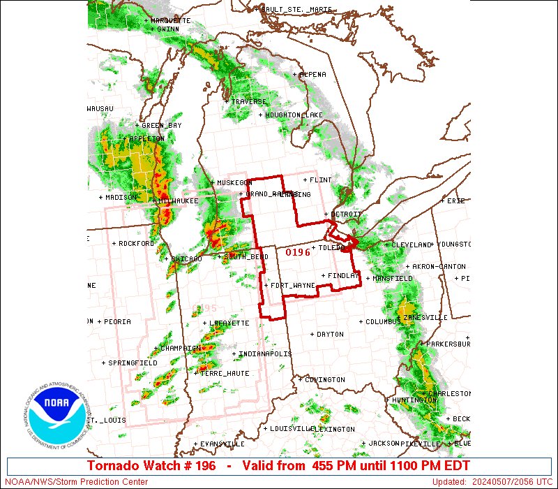 3:57pm CDT #SPC_Watch WW 196 TORNADO IN MI OH LE 072055Z - 080300Z, #inwx #miwx #ohwx #lewx, spc.noaa.gov/products/watch…