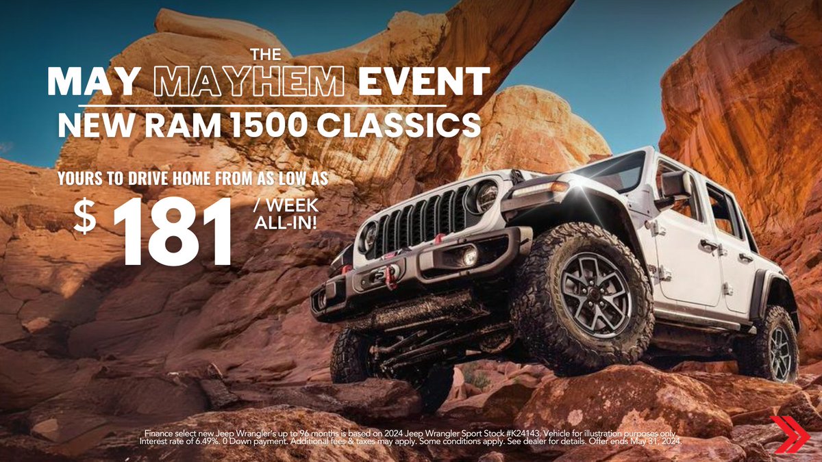 Rev up your May with our May Mayhem Event! 🚗 Hot deals all month long: New 2024 Ram 1500 from $215/week, Ram 1500 Classic from $173/week, 2024 Jeep Wrangler from $181/week. Plus, buy 3 tires, get the 4th FREE! Hurry, offers end May 31, 2024. 🎉 #MayMayhem *T&C apply.