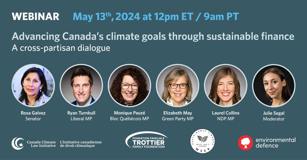 Join me, @TurnbullWhitby, @Laurel_BC, @m_pauze and @ElizabethMay this Monday, May 13th at 12 pm ET / 9 am PT for a discussion and Q&A on advancing Canada's climate goals through sustainable finance. Register here: ccli.ubc.ca/event/advancin…