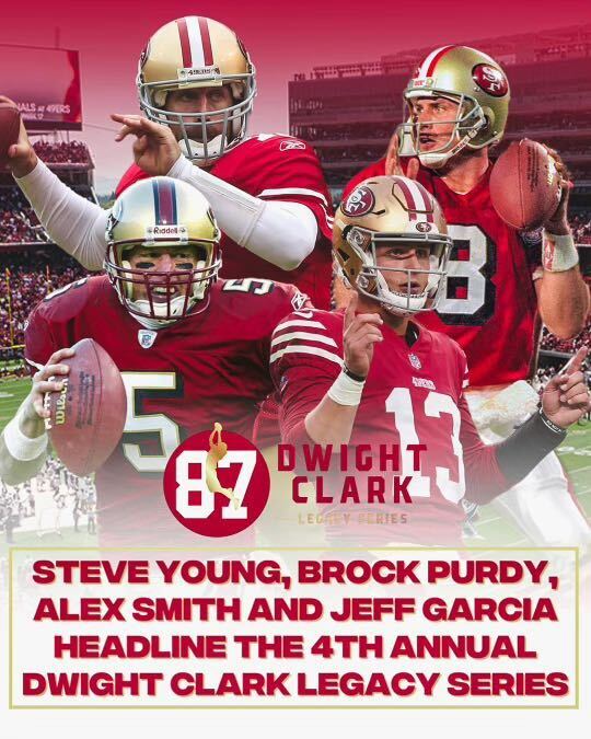 On May 16th, Hall of Famer Steve Young will join Pro Bowl quarterbacks Jeff Garcia, Alex Smith and current 49ers star Brock Purdy for an entertaining quarterback conversation at the 4th annual #dwightclarklegacyseries

Tickets on sale now!
tickets.tsjticketing.org/tickets/series…