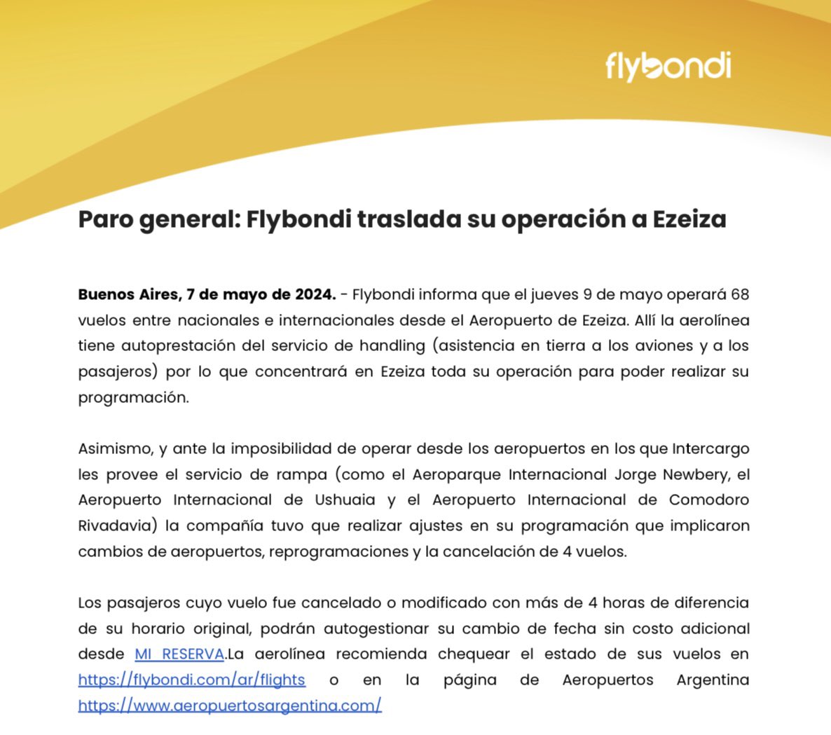 #PARO
JUEVES 9 
<a href="/flybondioficial/">flybondi</a> traslada operaciones a EZEIZA 
El comunicado👇🏻