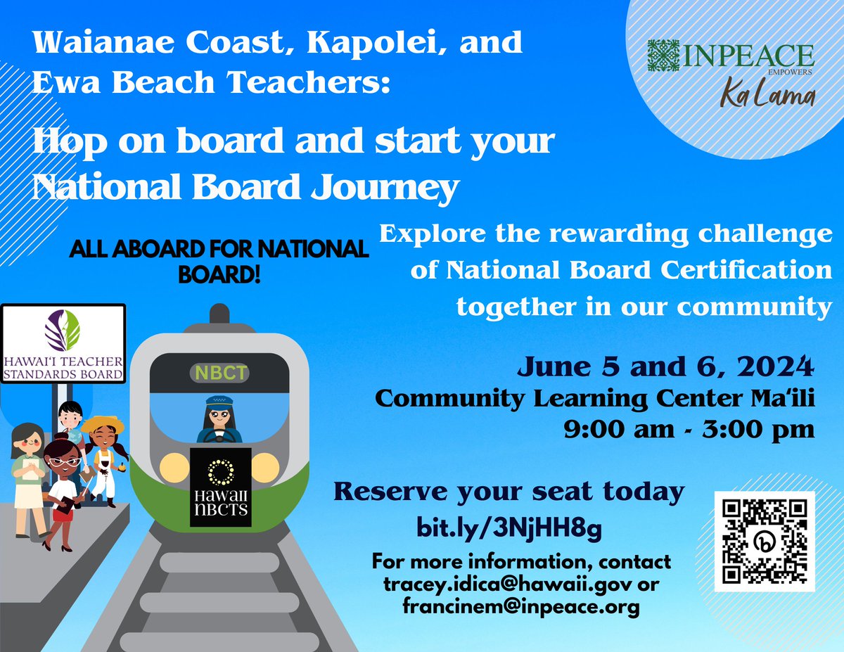 If you are #NBCTready and you teach in a school on the Waianae Coast, Kapolei or Ewa Beach, join us for a two day immersion into the National Board process. Hop on board and start your journey with us. Reserve your seat here: bit.ly/3NjHH8g  Together we are #NBCTstrong!
