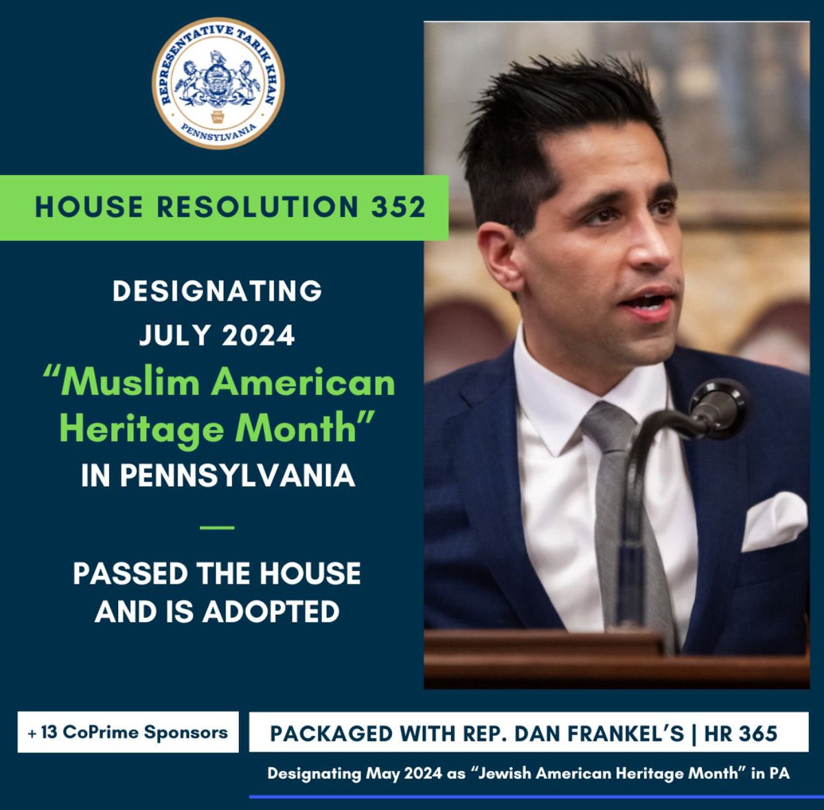 We’re thrilled to see the passage of House Resolution 352 designating July as “Muslim American Heritage Month”, in Pennsylvania. This is a great opportunity for representation and a more inclusive democracy. Thank you to our 13 co sponsors.