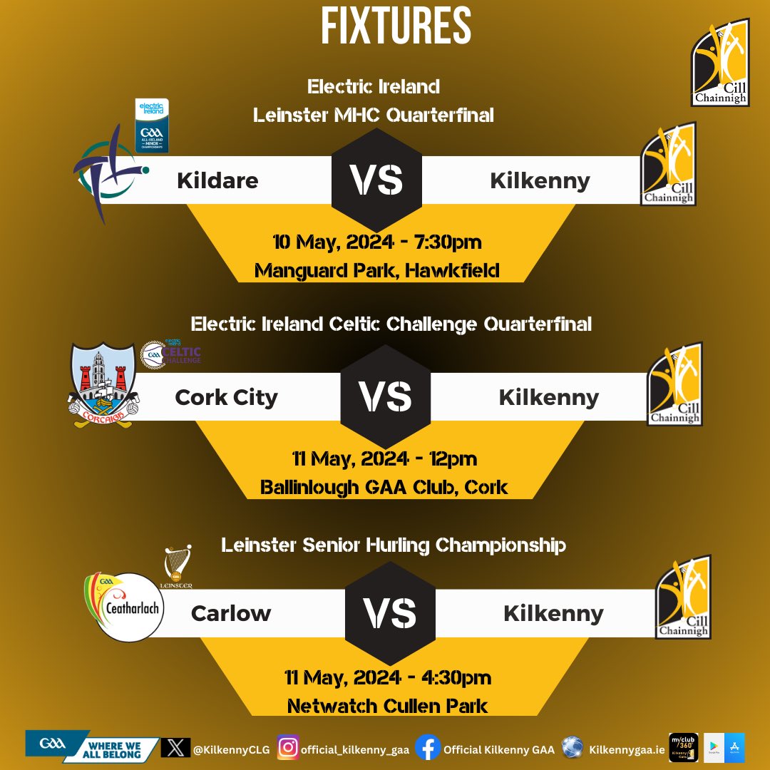 We have 3 fixtures this weekend, finishing up with Round 3 of the Leinster SHC on Saturday afternoon. The very best of luck to all involved ⚫️🟡 @ElectricIreland @gaaleinster Minor Hurling Championship Quarterfinal Kilkenny 🆚 Kildare 🗓️ Friday 10th May 🕛 7:30pm 📍 Manguard…