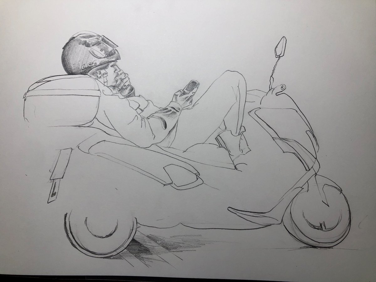 Listening to @gidcoe and @marcrileydj being silly. They are making me laugh; blame them for wobbly lines in tonight’s drawing of a motorcycle despatch rider taking a break