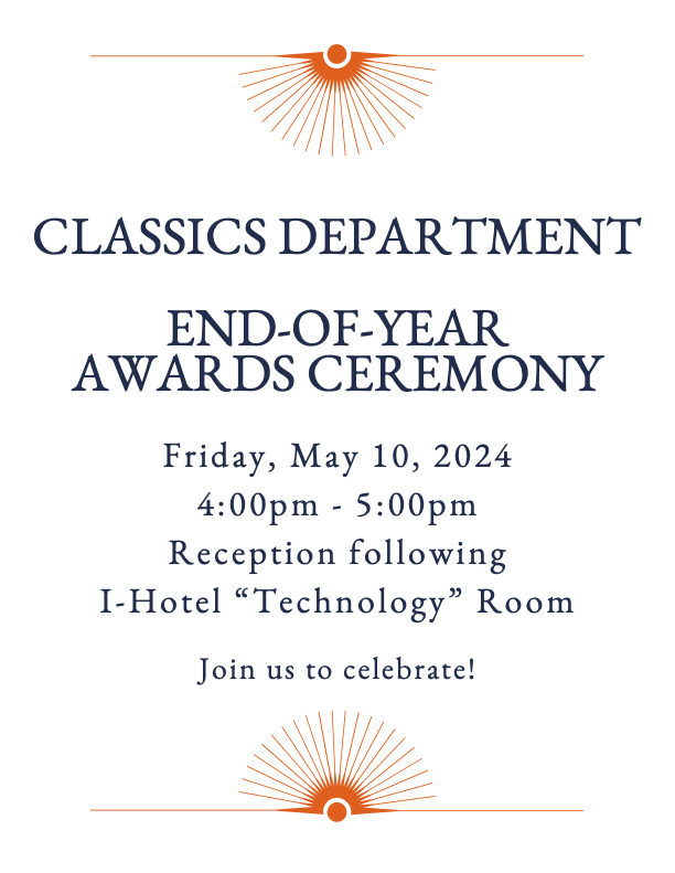 Please join us this Friday, May 10 at 4:00pm for our annual awards ceremony. This year’s ceremony will take place at the I-Hotel in their “Technology” Room, and there will be a reception following the ceremony. We hope to see you there!