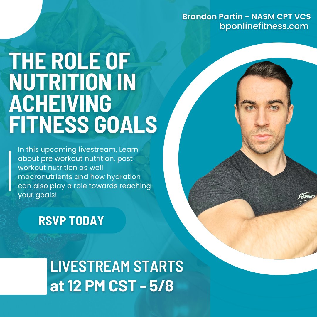 Upcoming Livestream tomorrow at 12 PM CST! 🎥
--
Learn about the role of nutrition in achieving your fitness goals! 
I will discuss pre workout nutrition, post workout nutrition as well macronutrients and how hydration can also play a role towards reaching your goals!
--
RSVP