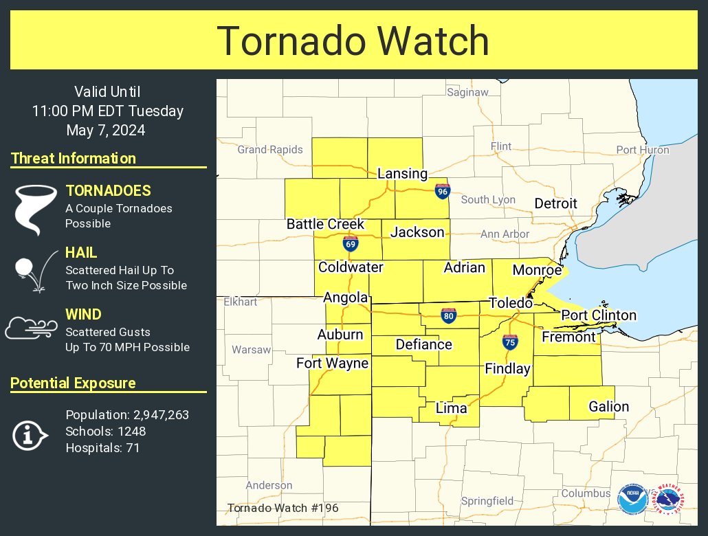 A tornado watch has been issued for parts of Indiana, Michigan and Ohio until 11 PM EDT
