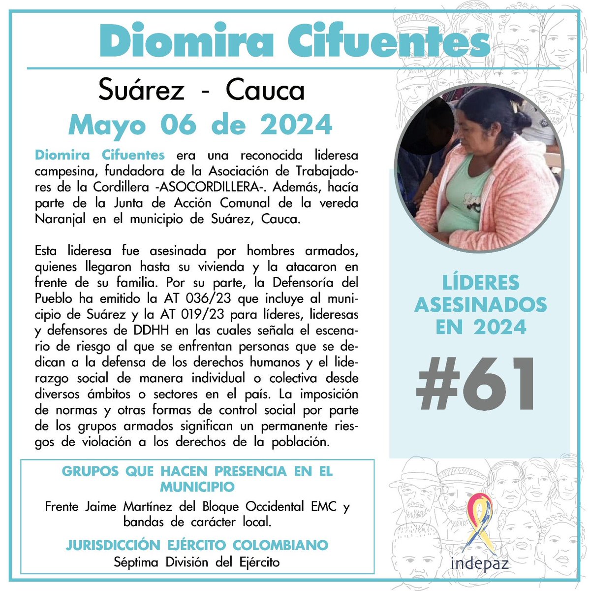Diomira Cifuentes 06/05/24 Suárez, Cauca Diomira Cifuentes era una reconocida lideresa campesina, fundadora de la Asociación de Trabajadores de la Cordillera -ASOCORDILLERA-. Además, hacía parte de la Junta de Acción Comunal de la vereda Naranjal en el municipio de Suárez, Cauca