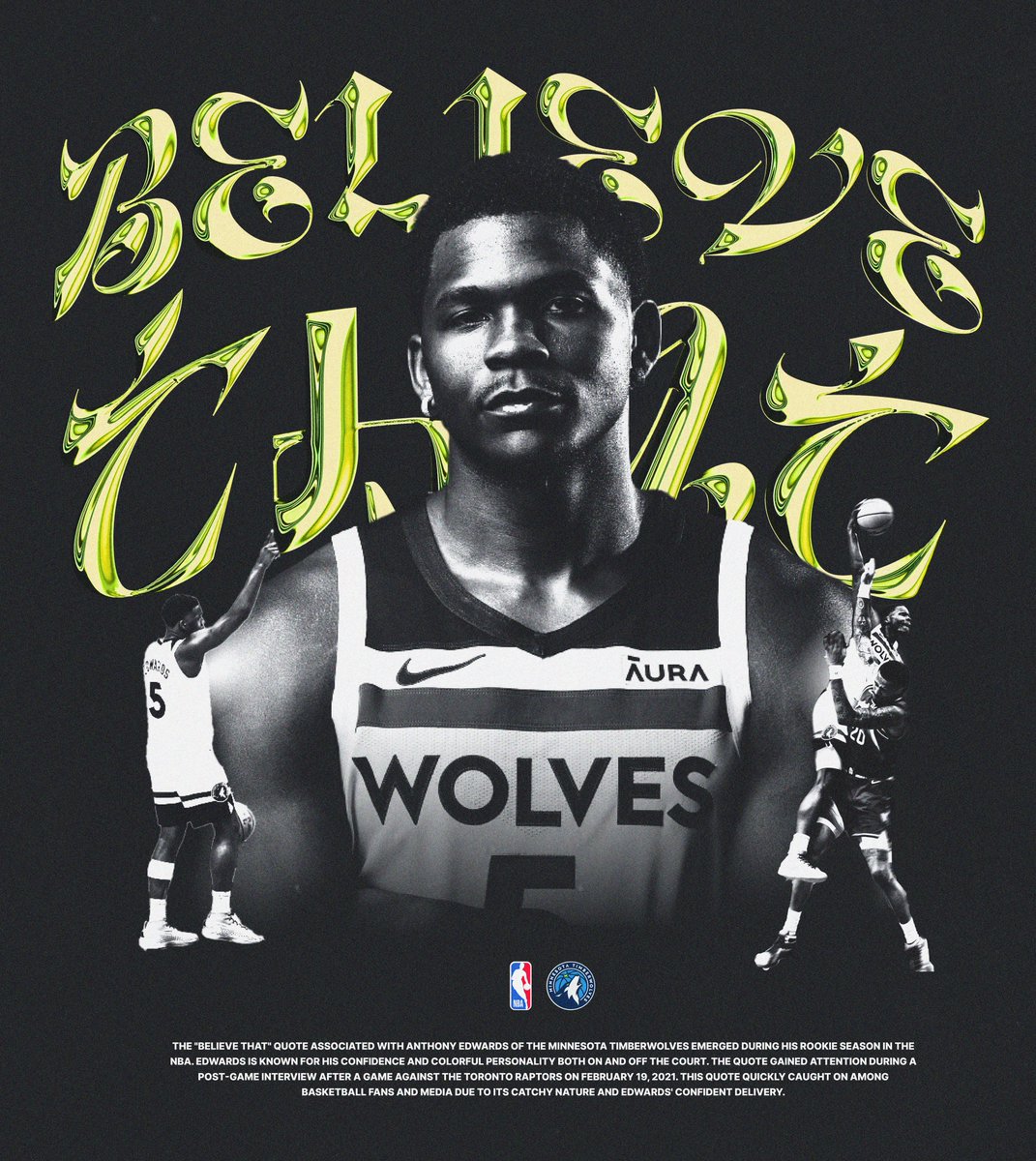 Believe That. 

#AnthonyEdwards #Playoffs2024 #Timberwolves #TimberwolvesDominance #Edwards #designer #Designers #DesignInspiration #digitalart #digitalartwork #posterdesign #NBA