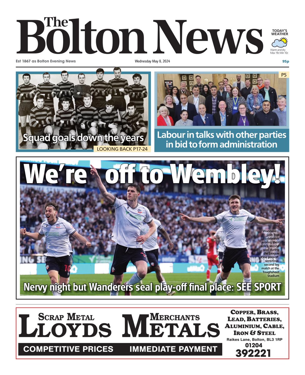 Front page of Wednesday's @TheBoltonNews📰

We're off to Wembley!

#Bolton #GreaterManchester #BuyAPaper #LocalNewsMatters #Newsquest #BWFC #BoltonWanderers #BoltonNews #BoltonCouncil #TomorrowsPapersToday #LocalElection2024