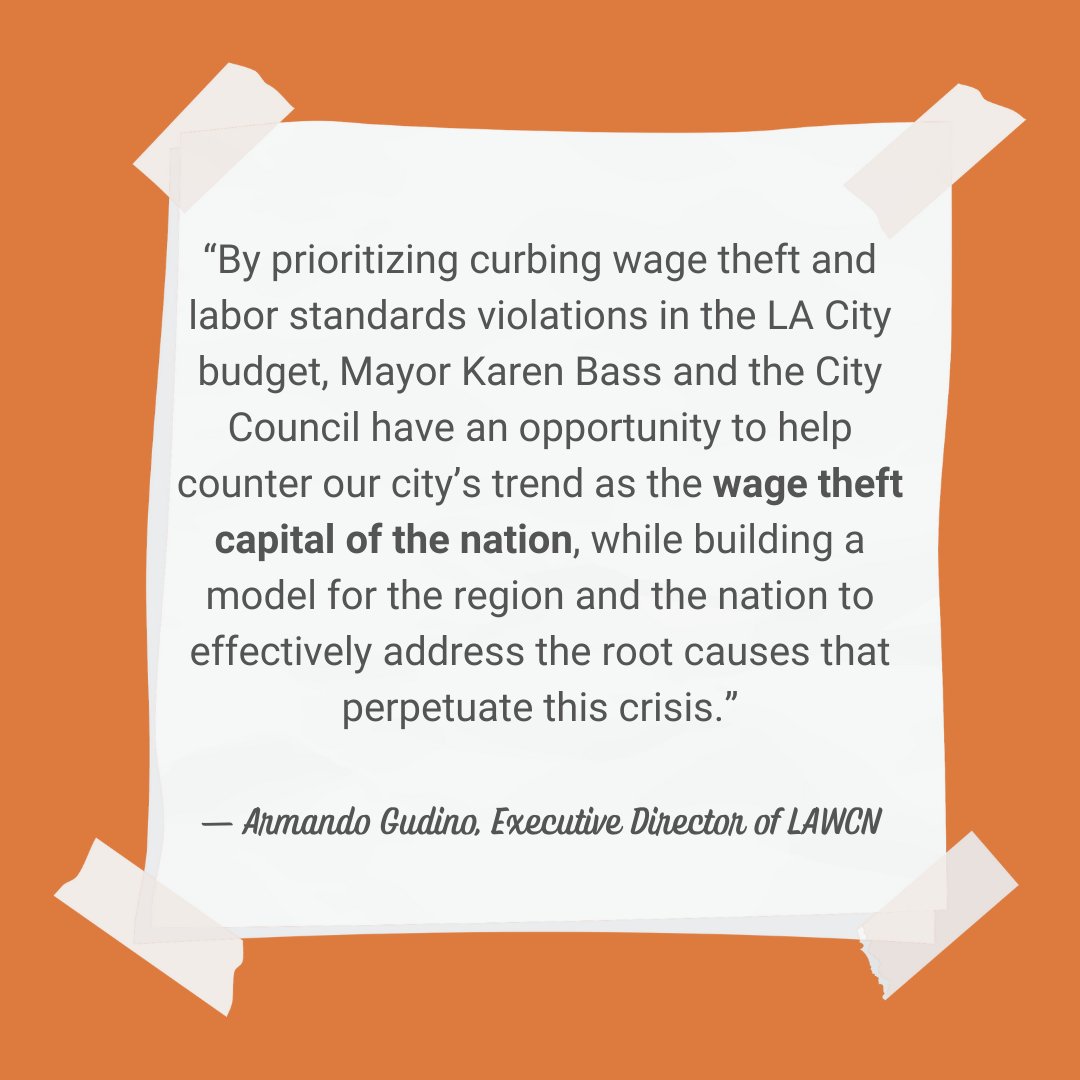 📢 We just sent a public letter to @MayorOfLA & @LACityCouncil, urging them to prioritize #wagetheft in the upcoming LA city budget. LA is the wage theft & homelessness capital of the NATION—the time to act is NOW. ➡️ Learn more & read the letter: bit.ly/lawcnbudgetlet…
