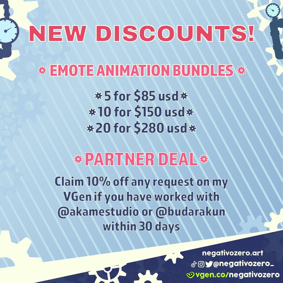 📢Announcing two new permanent deals!

- New animation bundle prices for a larger quantity of emote animation requests

- 10% off any request if you've commissioned @akamestudio or @BudaRakun within 30 days of your new request

If you have any questions feel free to reply!