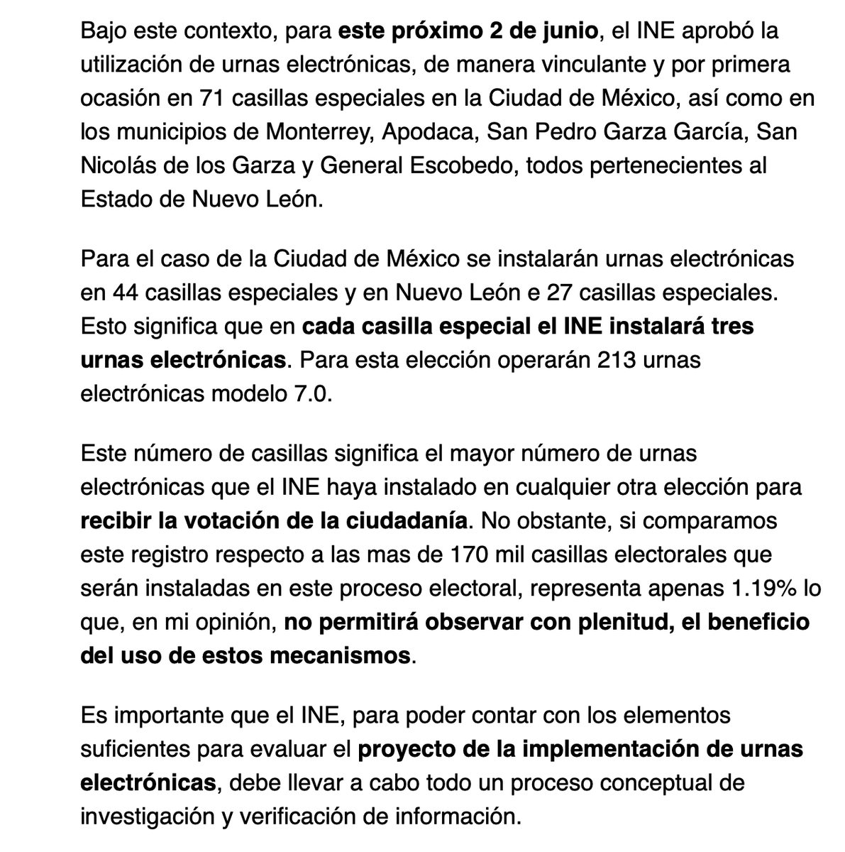 Se instalarán urnas electrónicas en 71 casillas de #CDMX y #NuevoLeón, 'el mayor número de urnas electrónicas que el @INEMexico haya instalado en cualquier otra elección para recibir la votación de la ciudadanía'. ✍️ de la consejera @C_Humphrey_J 🗞️eluniversal.com.mx/opinion/carla-…