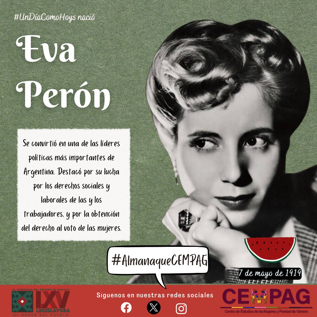 #UnDíaComoHoy nació Eva María Duarte (Eva Perón). Una de las líderes políticas más importantes de Argentina. Destacó por su lucha por los derechos sociales y laborales y por la obtención del derecho al voto de las mujeres.
Consulta el #AlmanaqueCEMPAG en t.ly/huGhb