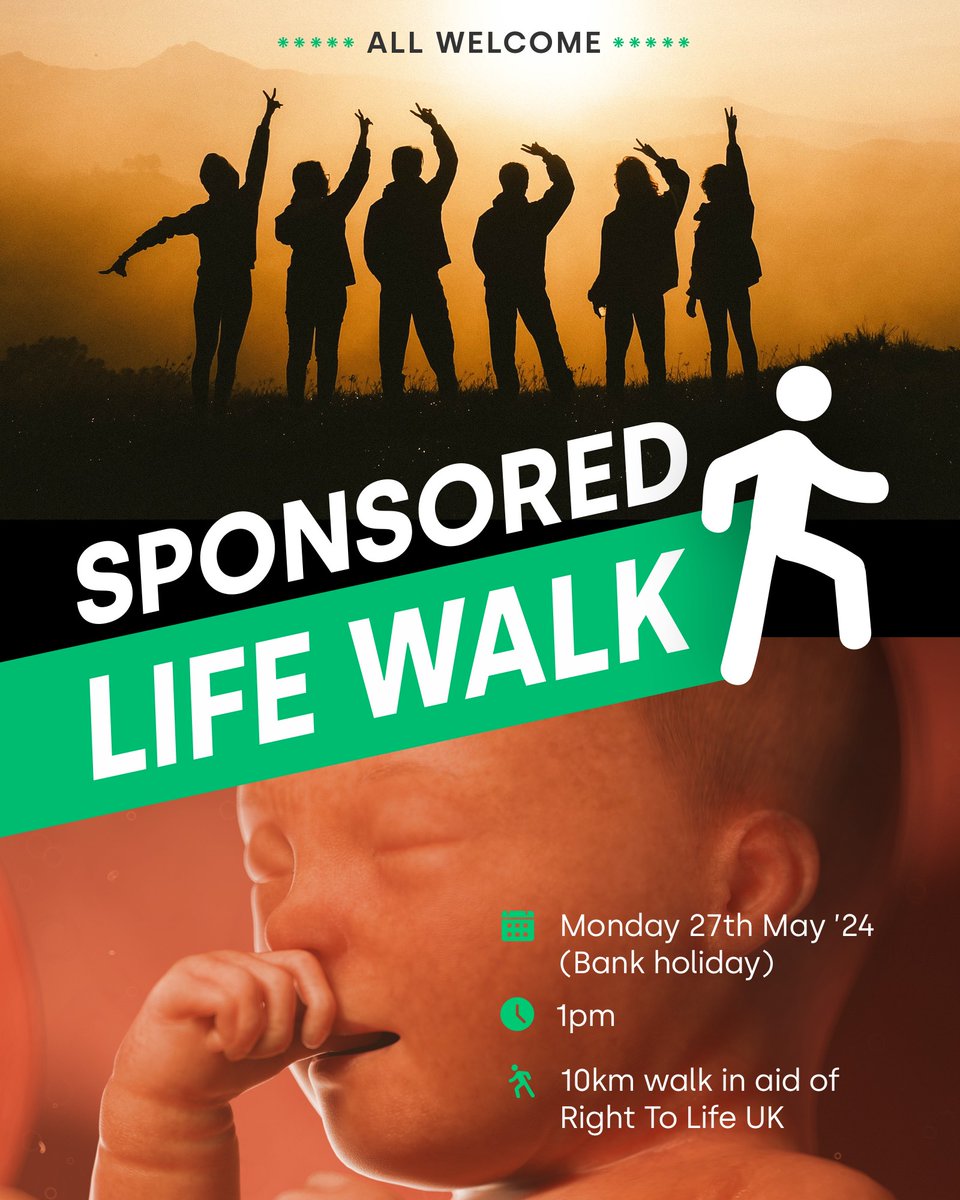 Some supporters are kindly walking in aid of Right To Life UK on Bank Holiday Monday 27th May 2024. The 10km walk will start at 1pm in Burnley. Please email Catherine at info@righttolife.org.uk for more details.
