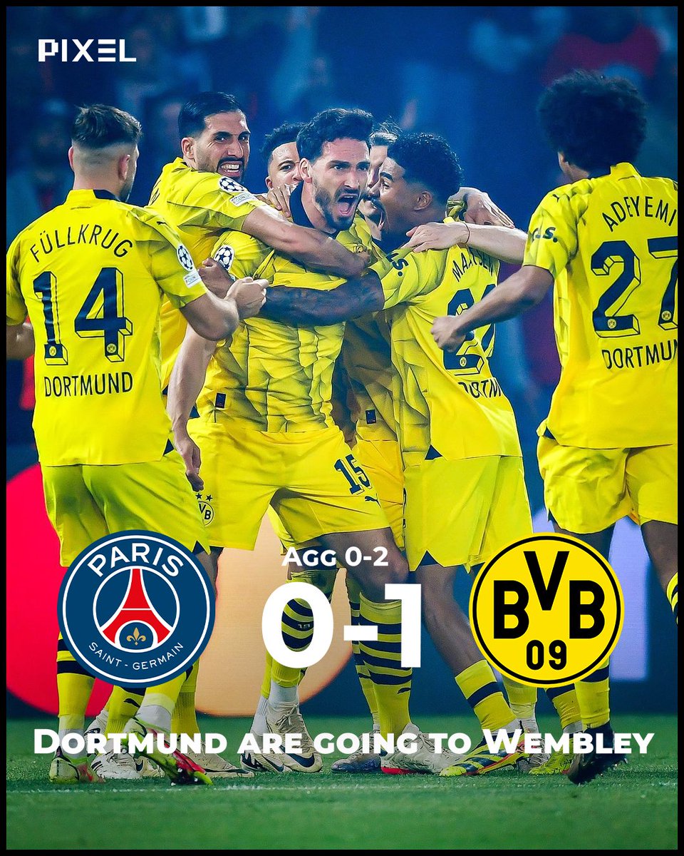 Dortmund are into the Champions League Final!🟡⚫️

BVB defeat Paris Saint Germain 1-0 in Parc des Princes and are going to Wembley!⚽️🔥

Who will join them in the UCL Finals? Real Madrid or Bayern Munich?👀🍿

#BVB #BelieveinBVB #Dortmund #DortmundPSG #RealMadrid #BayernMunich