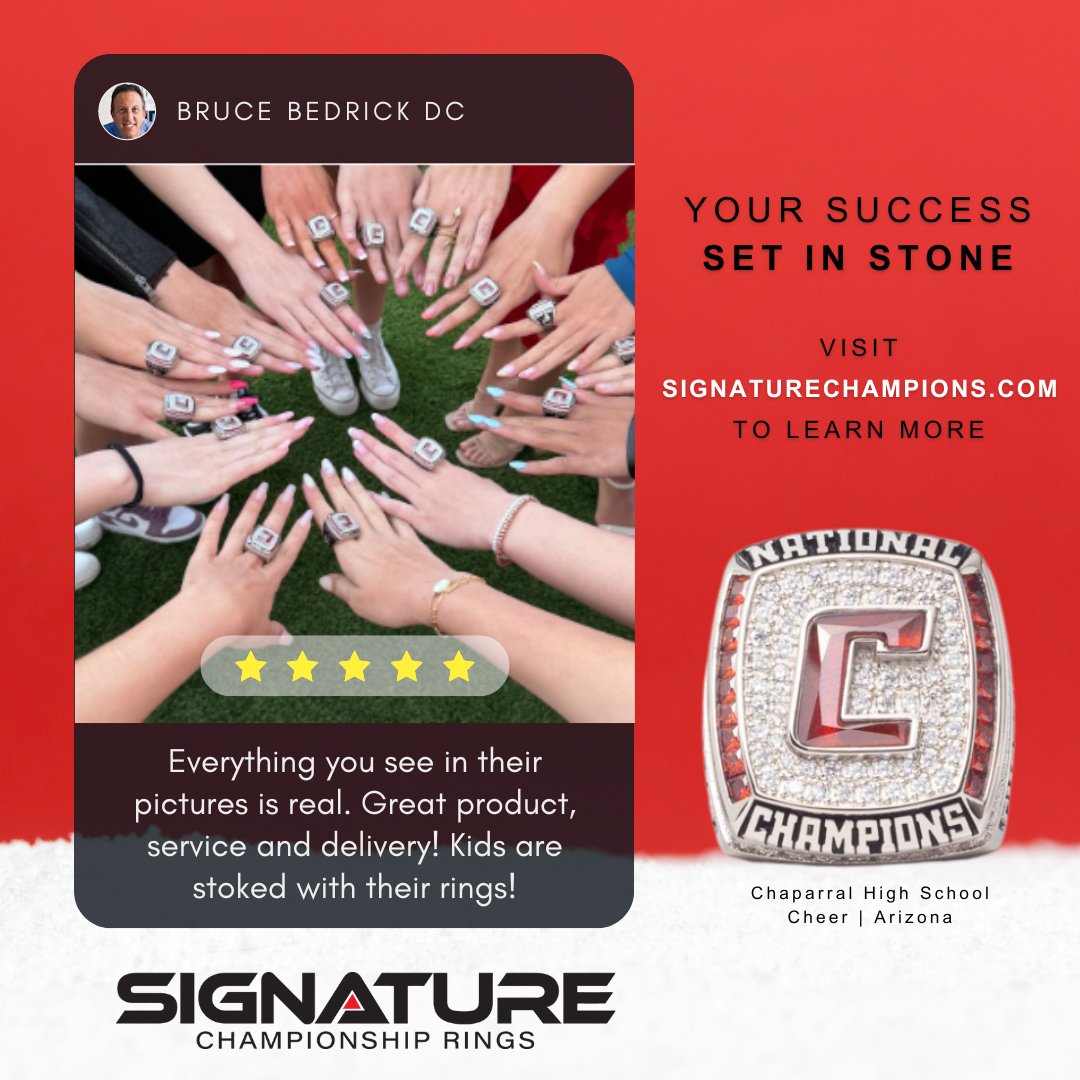 We love hearing from our customers and seeing photos! ♥️ Thank you for choosing #SignatureChampionshipRings. With over 20 years of experience, let us help you celebrate your victories! 🏆 Visit signtu.re/4bwwslT to learn more. #CustomerAppreciation #CheerChampionshipRing