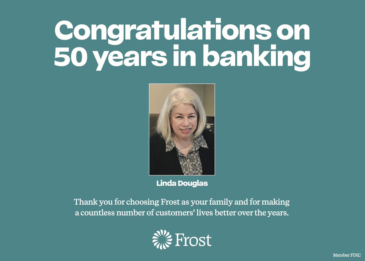 🎉 Frost is thrilled to celebrate one of our own private bankers, Linda Douglas, in honor of 50 incredible years at Frost! Linda was recently recognized by the @TexasBankers Association for half a century of service. 🙌 #ExactlyWhatYouUnexpected #EmployeeAppreciation