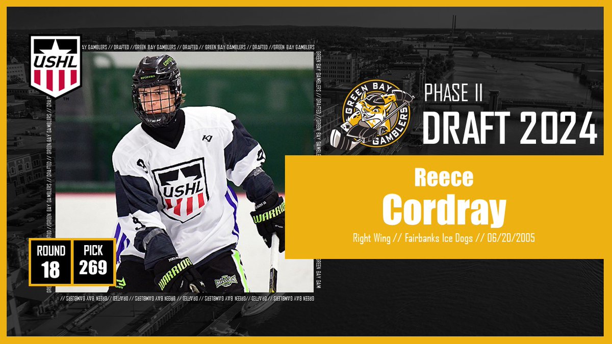 Gamblers select Reece Cordray in the 18th round. Cordray played 59 games with the Fairbanks Ice Dogs, notching 17 goals and 30 assists in 59 games. #GoGamblers