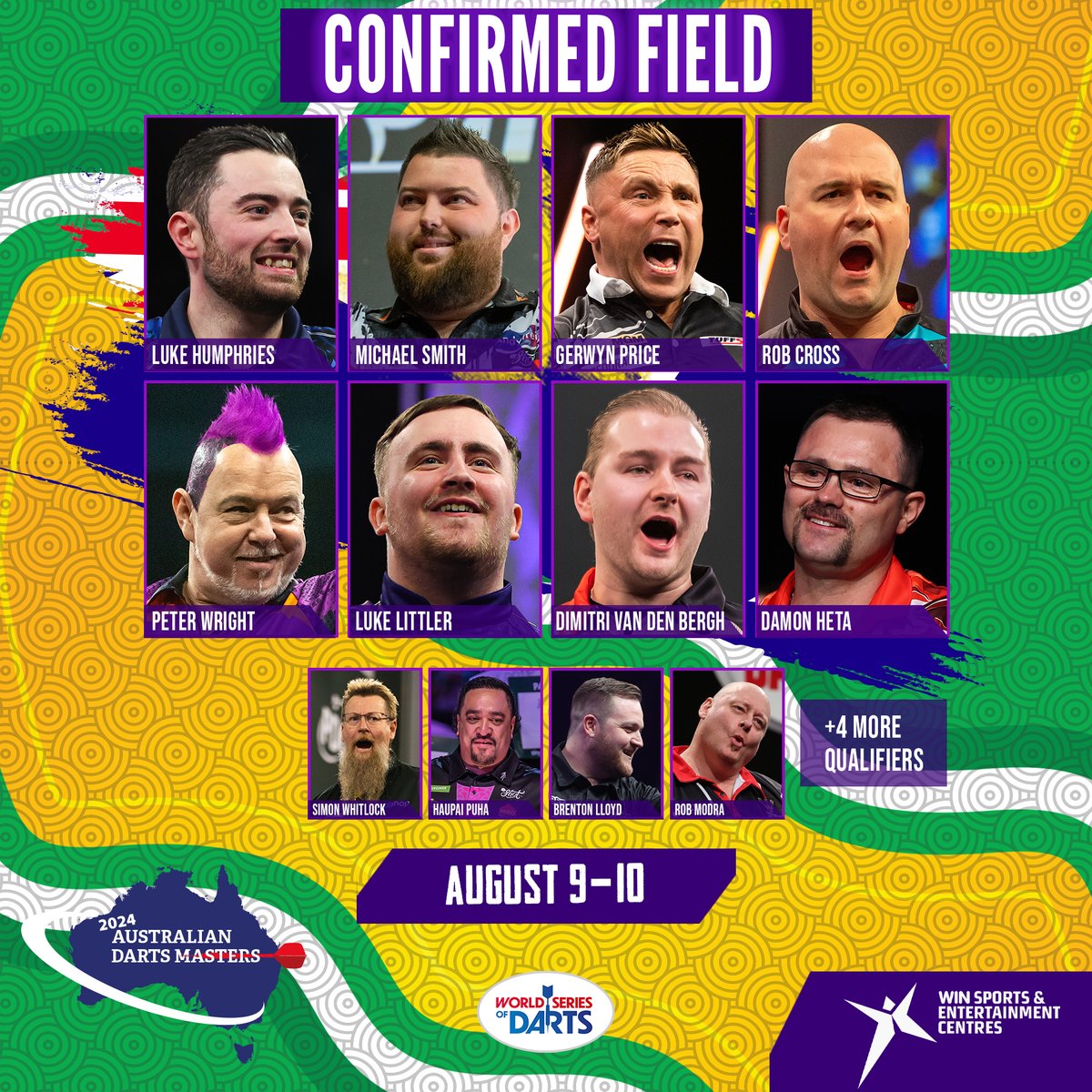 The PDC stars heading Down Under... 🦘🌏 Here's the eight PDC players that will be battling it out in Wollongong on August 9-10. Read more 👉 bit.ly/24WSAusNZ Buy Tickets 🎟️ bit.ly/24Aus