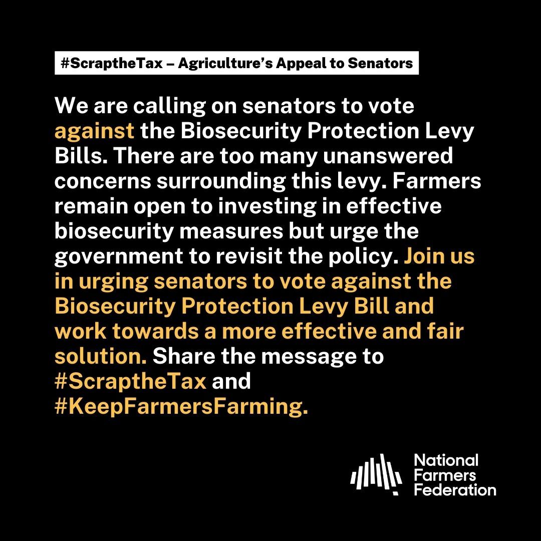 🚨 From July 1 2024, nearly all of Australia's 85,000 farmers are being asked to pay a new tax for biosecurity. Join us in urging senators to #ScraptheTax and find fairer solutions. Together, let's protect the interests of Australian

agriculture and #KeepFarmersFarming