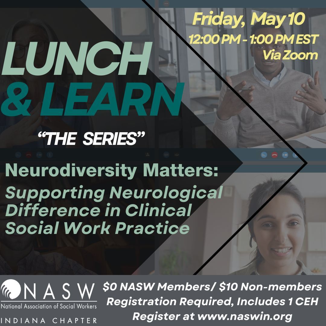 Join us on 5/10 @noon for 'Neurodiversity Matters: Supporting Neurological Difference in Clinical Social Work Practice'. Learn about neurodiversity & explore it as a form of diversity, particularly Autism & ADHD within adults. $0 members/$10 non-members. buff.ly/49AbwJ7