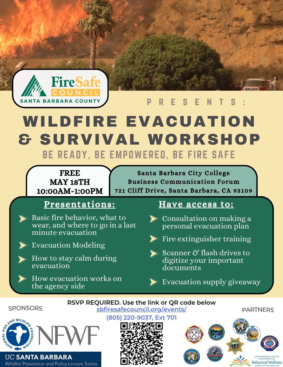 📅 May 11 10am - 1pm | Wildfire Evacuation and Survival Workshop at #SantaBarbara City College, Business Communication Forum buff.ly/4diToXs This free event seeks to empower the community with the knowledge to make critical decisions in real life wildfire evacuations.