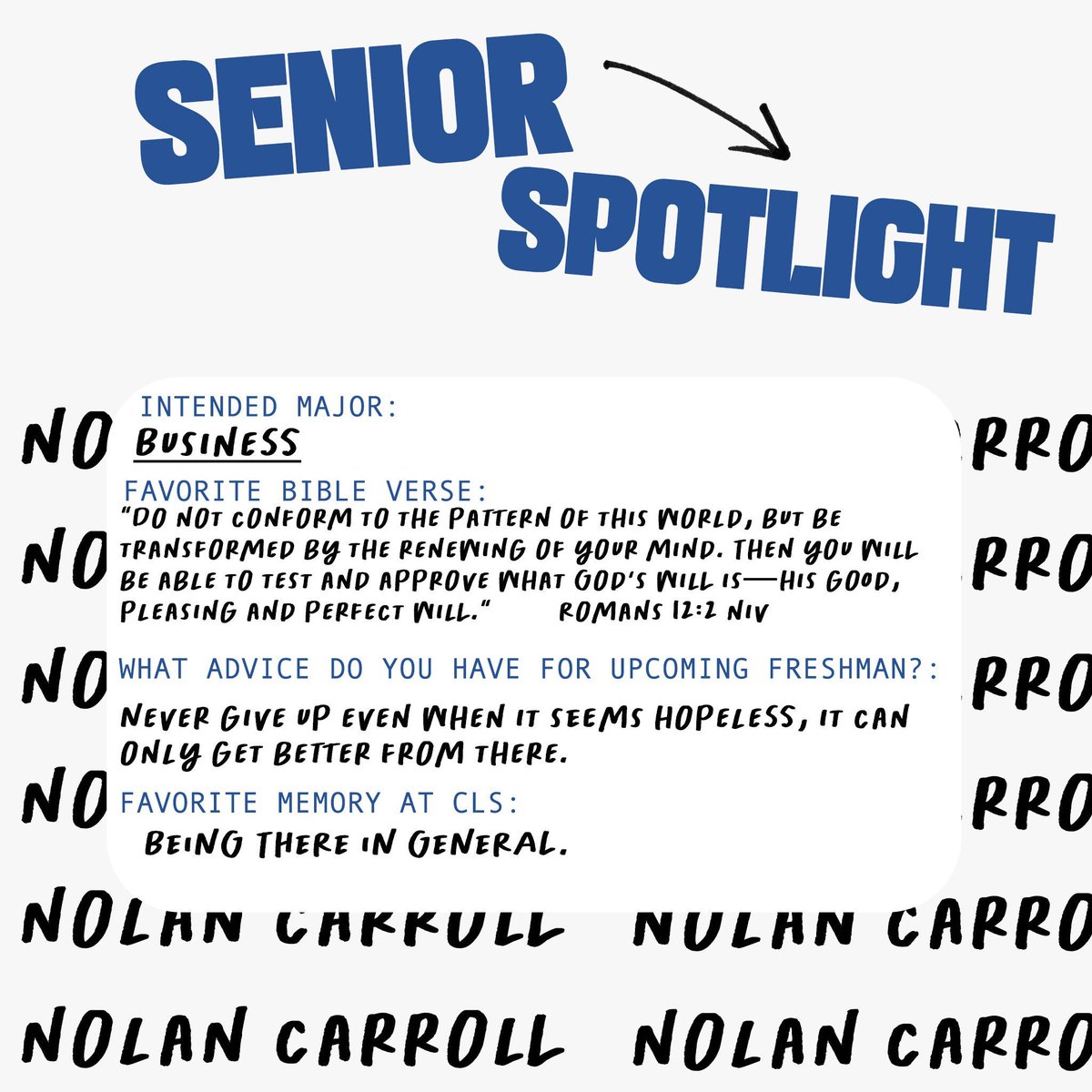 Meet Nolan Carroll: A dynamic individual with a heart of gold, unwavering determination, and infectious enthusiasm. He achieves his goals while uplifting others with his confident demeanor and humor, making him a true friend and inspiration to all.