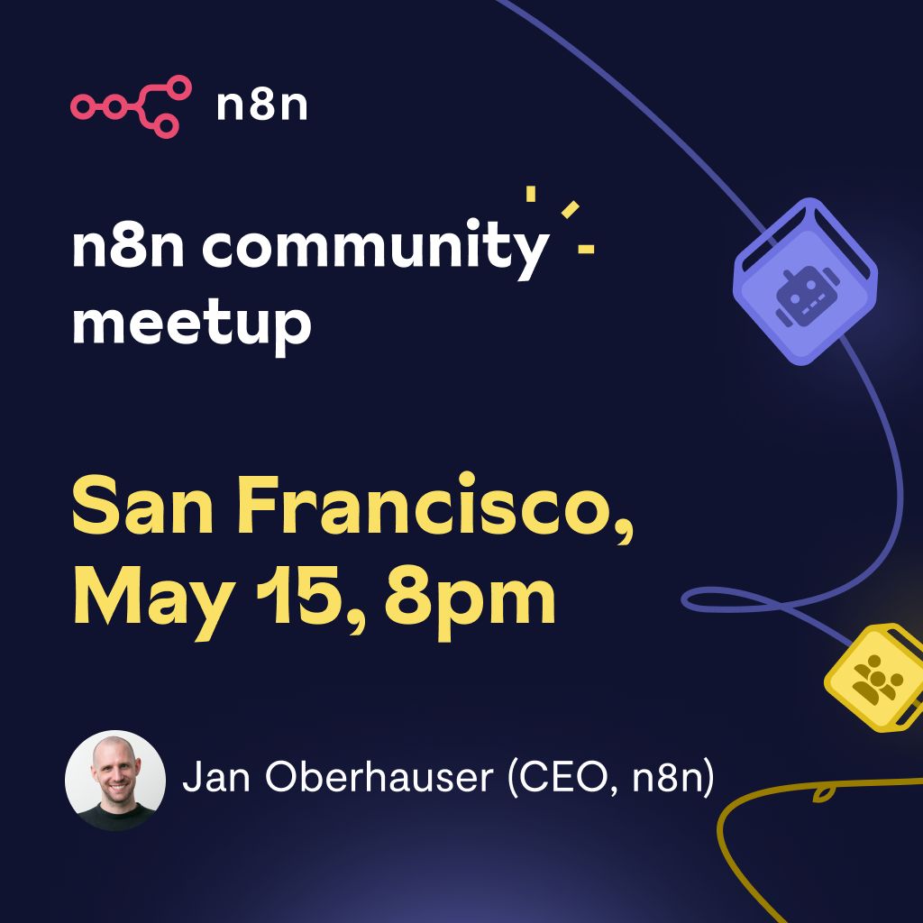 📣 Attention San Francisco n8n users! Our founder and CEO, Jan Oberhauser, will be in town on May 15 and he's hosting an informal meetup. Come and ask him anything you've ever wanted to know about n8n! RSVP now: buff.ly/4b4rM6J #sanfrancisco #lowcode