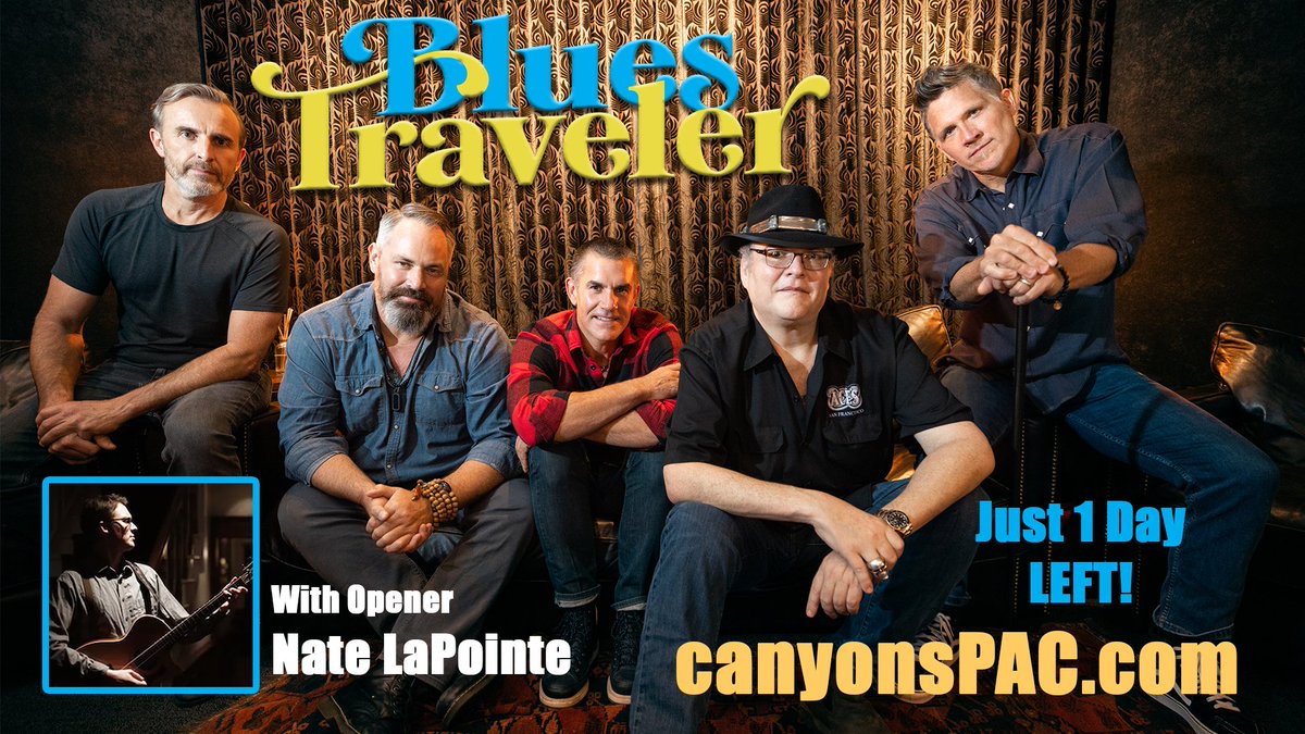 🎸🎶 Blues Traveler is only 1 day away! 🎸🎶 This is going to be a fantastic concert with opening act Nate LaPointe! Get Your Tickets NOW!
canyonsPAC.com

#BluesTraveler #natelapointe #SantaClaritaPAC #SCV #SantaClarita #LAEvents #LosAngelesMusic #LAConcerts #LiveMusicLA