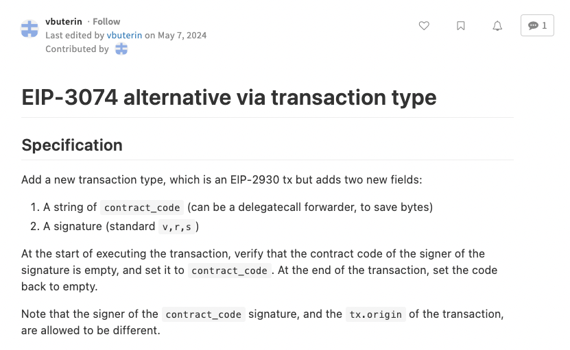 0xCygaar's tweet photo. Vitalik just released EIP-7022 which proposes an alternative method to supercharge Ethereum accounts compared to EIP-3074.

7022 is more compatible with the existing ERC-4337 account abstraction work and doesn't add new opcodes to the EVM.

EOAs would essentially turn into smart contracts during the context of a transaction, allowing for more powerful interactions.