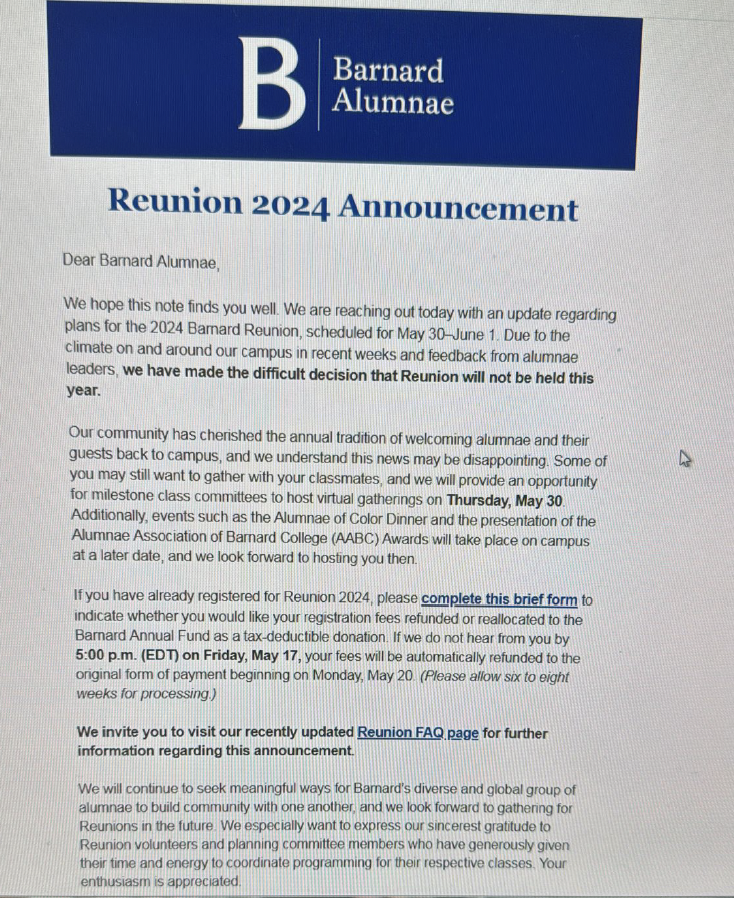 Alums were just notified that @BarnardCollege reunion has been cancelled. Just think how differently this whole year could have gone if @Columbia had enforced its own rules from day 1.