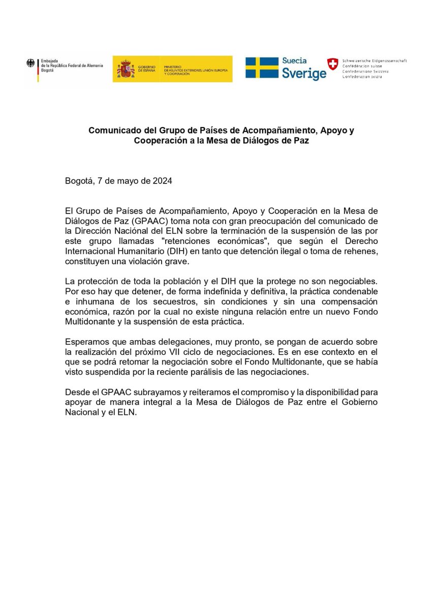 Vean abajo el comunicado conjunto del GPAAC (🇩🇪🇪🇸🇸🇪🇨🇭) sobre su posición respecto de la terminación de la suspensión de las así llamadas por el ELN 'retenciones económicas'.👇