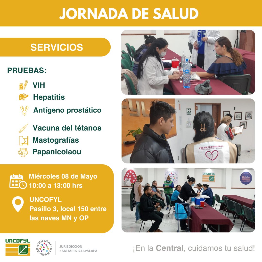 👩‍⚕️👨‍⚕️Uncofyl Central De Abasto Cdmx te invita a su 𝗝𝗼𝗿𝗻𝗮𝗱𝗮 𝗱𝗲 𝗦𝗮𝗹𝘂𝗱 hoy, miércoles 08 de mayo de 10:00 a 13:00 hrs. ¡En la Central, cuidamos tu salud!