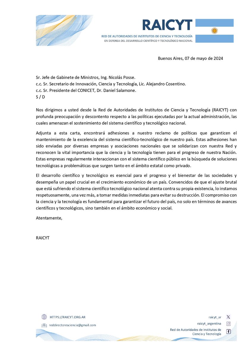 Hoy enviamos al Sr. Jefe de Gabinete de Ministros, Ing. Posse, al Sr. Secretario de Innovación, CyT, Lic. Cosentino y al Sr. Presidente del CONICET, Dr. Salamone carta con adhesiones de 16 empresas/asociaciones nacionales que apoyan el desarrollo científico tecnológico nacional.