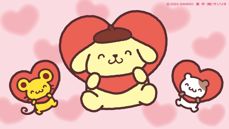 ポムポムプリンカフェ　マスコット　バレンタイン　ハート 新品・タグ付き】ポムポムプリン バレンタイン マスコット カフェ限定