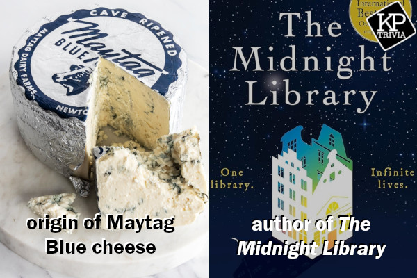 KPTrivia's tweet photo. It's Wednesday, which means it's time to show off your smarts at trivia night at @eatgoodkind! The action starts at 7:00 p.m.! #notshityouresupposedtoknow
Game hints: (1) origin of Maytag Blue cheese (2) author of The Midnight Library https://t.co/PokuOwFnS4