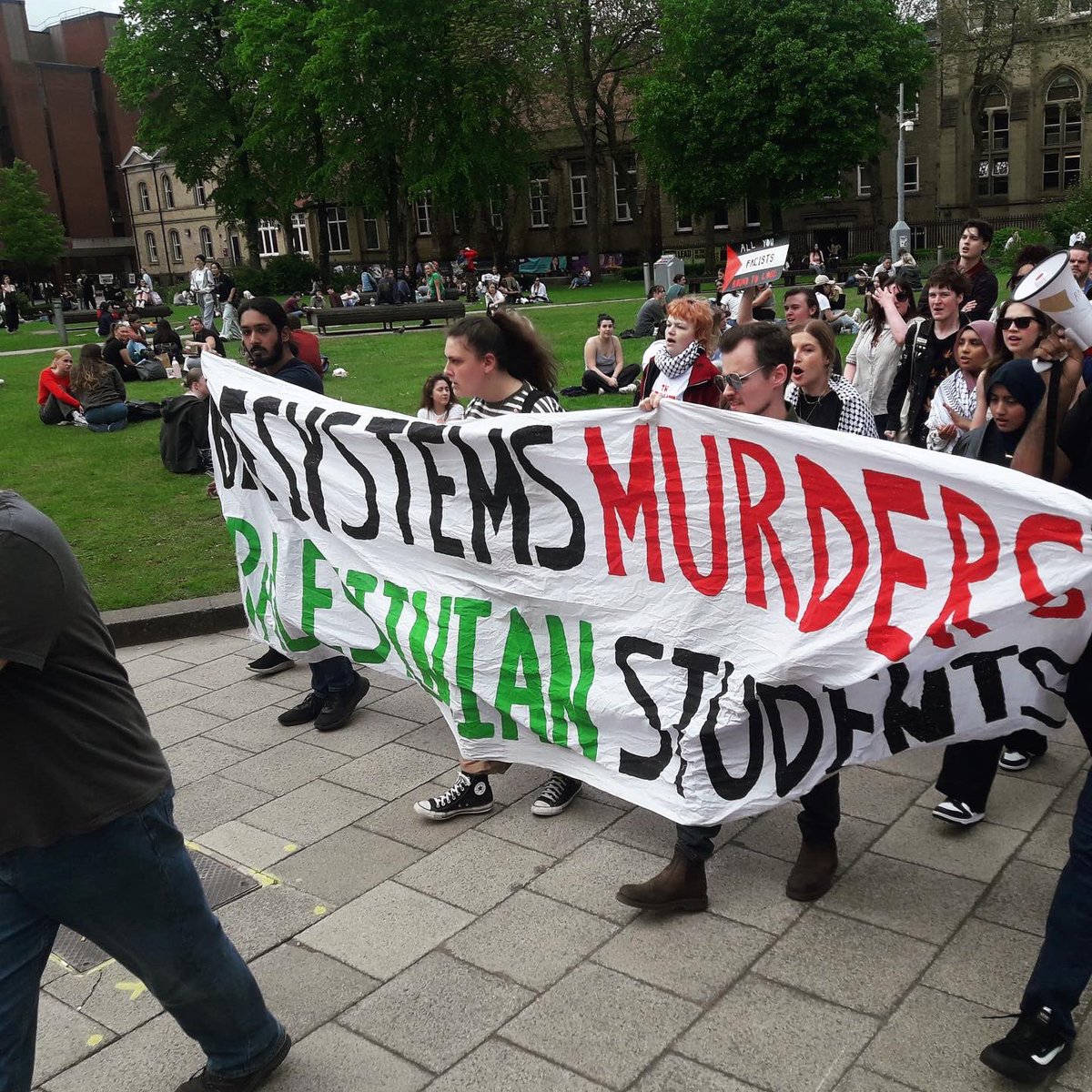 Pics at University of Manchester (UoM): Demo To Stop Arming Israel - Hands Off Rafah! demand an end to any active participation in the ethnic cleansing & murder of Palestinians.Help us break the cycle of complicity & demand UoM cuts its ties with the Zionist regime